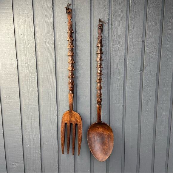 Vintage Wooden Hand Carved Fork and Spoon Large Wall Hanging